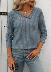 V Neck Textured Button Detail Casual T-shirt